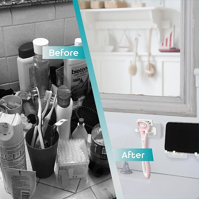 Hook LAB Strong Adhesive Shower Razor Holder, 2-Pack Waterproof Wall Hooks for Bathroom, Reusable & Removable No-Drill Hook for Razors, Towels & Accessories – Works on Tile, Glass & Metal - White