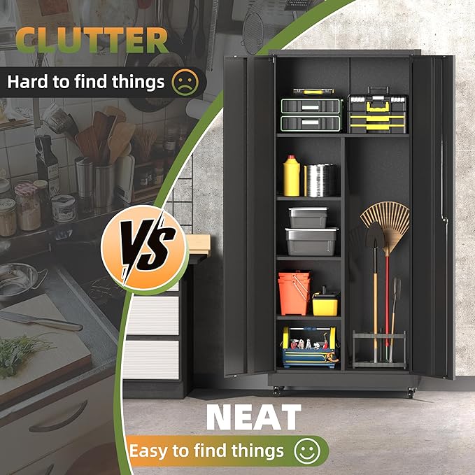 Metal Garage Storage Cabinet with Wheels, Locking Broom Closet Storage Cabinet with Adjustable Shelves, 71" H Tool Cabinet for Utility Room, Workshop, Warehouse