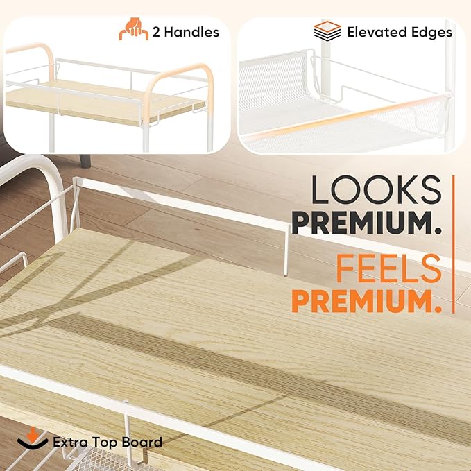 Sekey 4 Tier Rolling Cart Metal, Slim Storage Cart for Kitchen, Mobile Utility Cart with Wooden Top, Narrow Organizers and Storage with Universal Wheels, for Small Space, Bathroom, Laundry Room, White