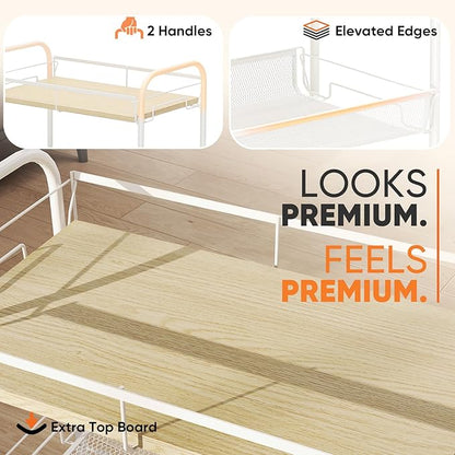 Sekey 4 Tier Rolling Cart Metal, Slim Storage Cart for Kitchen, Mobile Utility Cart with Wooden Top, Narrow Organizers and Storage with Universal Wheels, for Small Space, Bathroom, Laundry Room, White