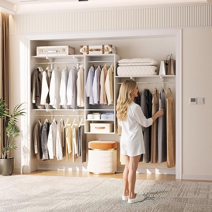 Cyclysio 96 Inch Closet System, 8 FT Hanging Closet Organizer System, Walk in Closet System with 4 Adjustable Rods and 3 Shelving Towers for 4-8FT Spaces(Cut-to-Fit), White