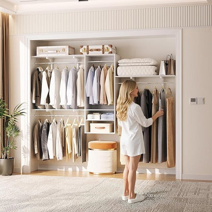 Cyclysio 96 Inch Closet System, 8 FT Hanging Closet Organizer System, Walk in Closet System with 4 Adjustable Rods and 3 Shelving Towers for 4-8FT Spaces(Cut-to-Fit), White