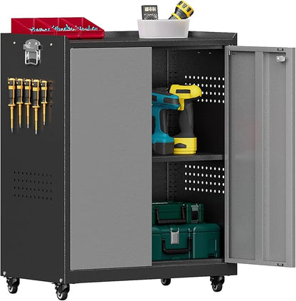 Metal Storage Cabinet with Wheels,34" Rolling Tool Cabinets with Lock&Adjustable Shelves,Locking Utility Cabinet with 1 Door for Garage, Warehouse (Black Grey)