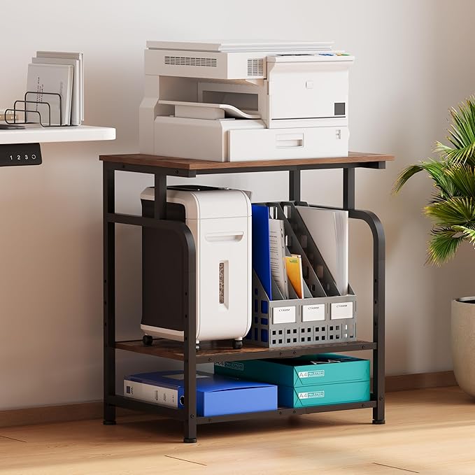 Large Printer Stand with Adjustable Shelf, 3-Tier Rolling Printer Cart with Wheels, Heavy-Duty Wood Printer Table for Home Office, Heat Press and Laser (Rustic Brown)