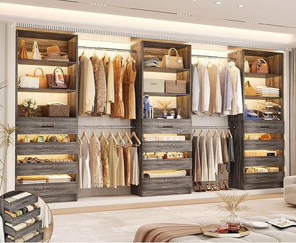 Aheaplus Closet System with 12 Drawers, 8.5-11.5Ft Wood Closet Organizer System with 4 Hang Rods & 3 Towers, 4Ft & 6Ft L-Shaped Walk-in Closets Wardrobe Organizer Clothes Rack, Set of 3, Black Oak1