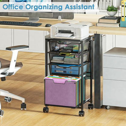 4 Drawers Rolling File Cart, Under Desk Mobile Filing Cabinet with Wheels, File Cabinets for Home Office, Hanging File Folder Organizer Utility Craft Cart Printer Stand, Black