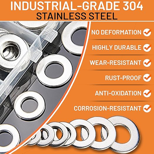 Stainless Steel Flat Washers Assortment Kit, SAE 304, 300-Piece Metal Screw Washers Set for Bolts, 8 Sizes #6; #10; #12; 1/4"; 5/16"; 3/8"; 1/2"