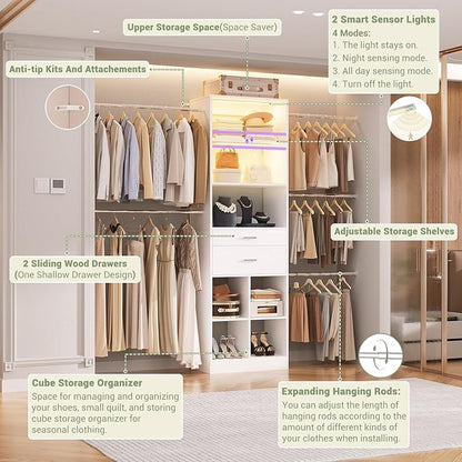 Closet System, 4-8 FT Closet Organizer with Smart Sensor Lights, 2 Wooden Drawers and 5 Hanging Rods, Can Fit 60 to 96 inch Walk-in Closet System, White