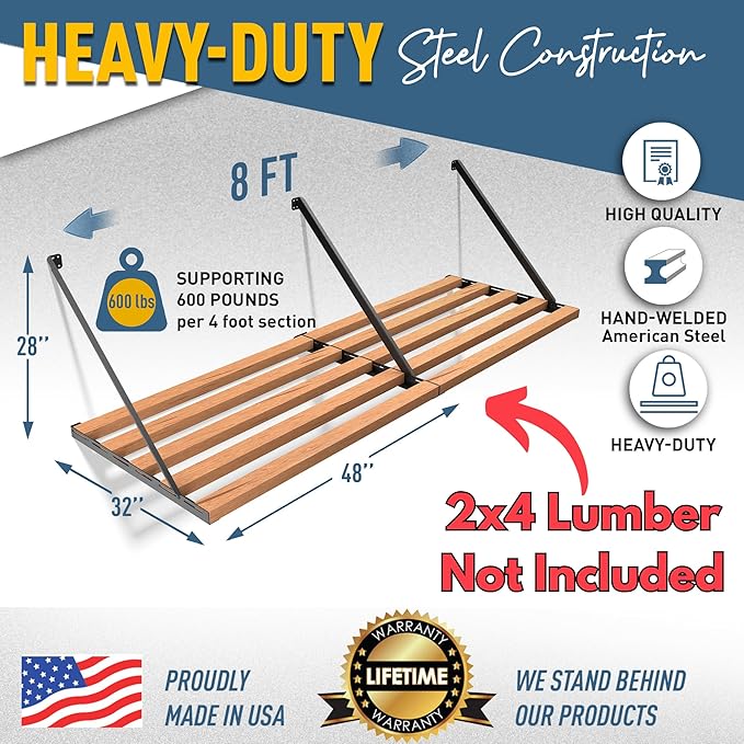 Koova Universal Garage Shelving Kit - Heavy-Duty, Easy Install, Customizable, 600 lbs. Support, Made in USA, Maximize Storage, Reclaim Floor Space