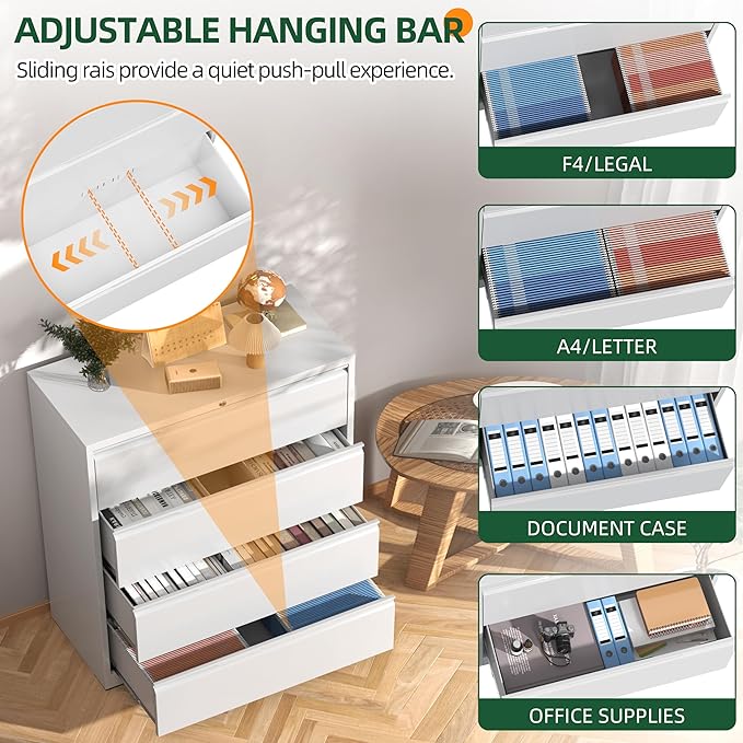 Lateral File Cabinet with Lock, 4 Drawer Lateral File Cabinets, Metal Filing Cabinets for Home Office, White Deep Drawer for Hanging Files Letter/Legal/A4/F4 Size, Printer Stand, Assembly Required