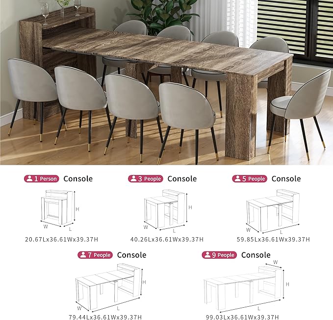 Transformer Folding Console Table for 2-9 People, Extendable Dining Table, Space Saving Dining Room Table for Apartments & Homes, Grey
