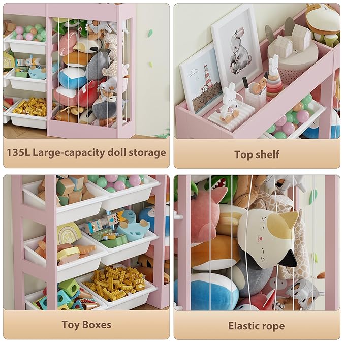50.6" W Toy Organizers and Storage, 3-in-1 Kids Toy Storage Cabinet with Stuffed Animal Holder, 6 Plastic Removable Bins, Wooden Shelf for Girls Boys Playroom, Nursery, Kids Room(Pink)