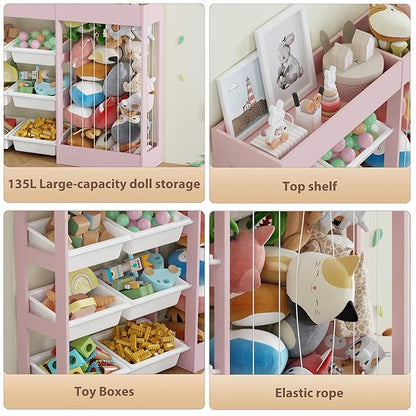 50.6" W Toy Organizers and Storage, 3-in-1 Kids Toy Storage Cabinet with Stuffed Animal Holder, 6 Plastic Removable Bins, Wooden Shelf for Girls Boys Playroom, Nursery, Kids Room(Pink)