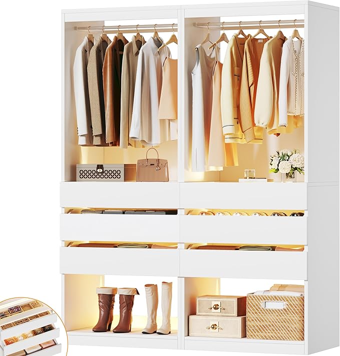 Freestanding Closet System Set of 2, 4FT Closet Organizer System with 6 Wood Drawers & Glasstop, 48" Closet Systems with Hanging Rod & LED Light, Heavy Duty Walk-in Closet, White(48"L x 16" W x 80" H)