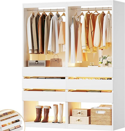 Freestanding Closet System Set of 2, 4FT Closet Organizer System with 6 Wood Drawers & Glasstop, 48" Closet Systems with Hanging Rod & LED Light, Heavy Duty Walk-in Closet, White(48"L x 16" W x 80" H)