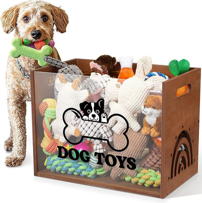 Large Dog Toy Basket Dog Toy Box Wooden Storage Bin with Acrylic Board Storage Box for Puppy Toys Pet Food and Accessories Organizer Holder Basket for Living Room Area(Brown, Dog)