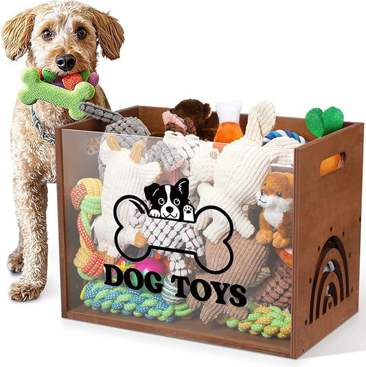Large Dog Toy Basket Dog Toy Box Wooden Storage Bin with Acrylic Board Storage Box for Puppy Toys Pet Food and Accessories Organizer Holder Basket for Living Room Area(Brown, Dog)