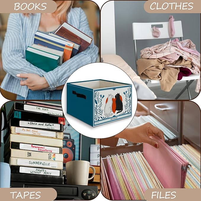 Valentine's Day Cat Toy Basket Foldable Storage Bins Box with Handles, Witchy the Lovers Tarot Card Cats Blue Collapsible Organizer Basket for Bedroom Bathroom Kids Room Clothes Toys Books