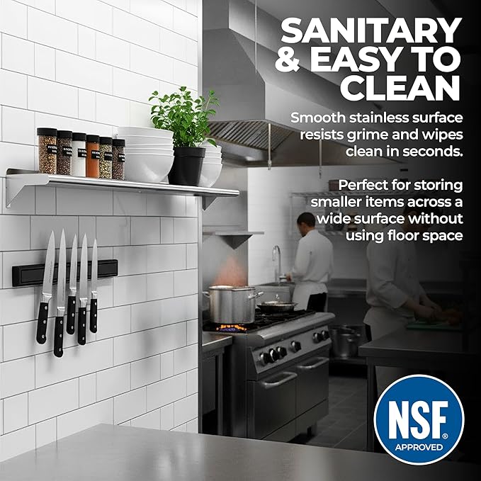 NSF Certified 18 Gauge Heavy Duty Stainless Steel Wall Shelf with Brackets for Kitchens, Utility Rooms, Storage, Offices & Home (60"x8")