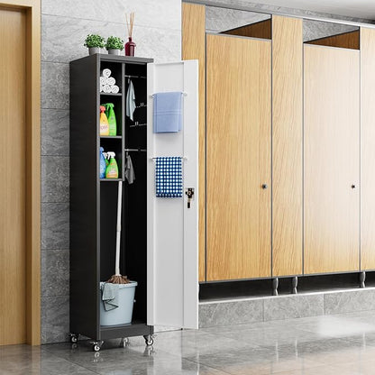 Broom Closet Storage Cabinet, 72" H Garage Storage Cabinet with Wheels, Lockable Door and Hooks for Garage Cleaning Supplies Broom Mops, Assembly Required,Black Gray