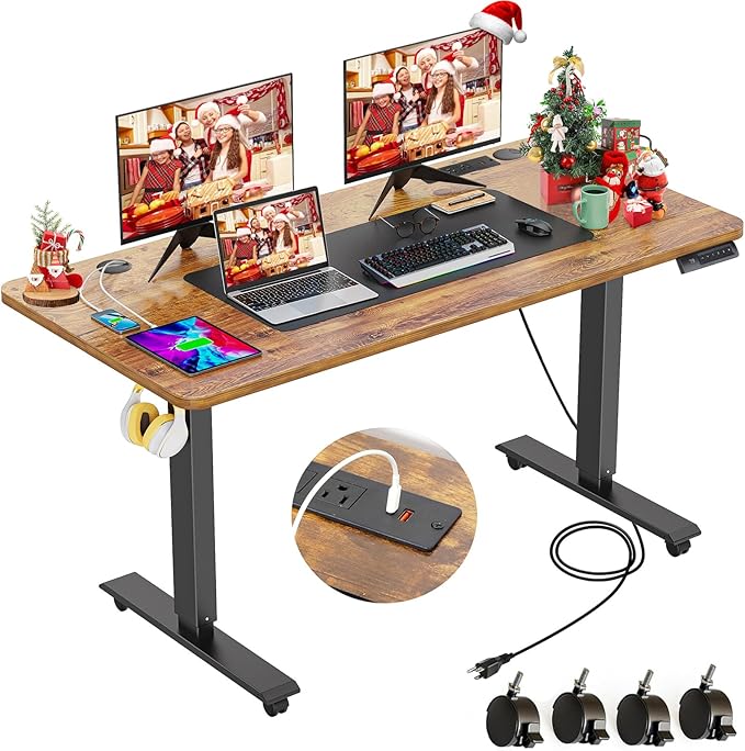 farexon 55 x 24 Electric Standing Desk Adjustable Height with Charging Station, Stand up Desk with Wheels,Outlets, Mouse Pad, Preset Heights Home Office Gaming Computer Workstations Table（Brown）