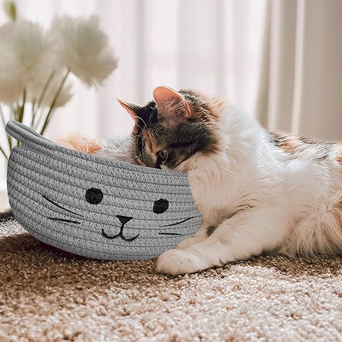 9.8" x 4" Small Cat Toy Basket - Gift Baskets Empty for Baby Shower Baby Baskets for Nursery Cute Woven Rope Storage Basket for Home Decor, Cat Pet toy box, Grey Easter basket