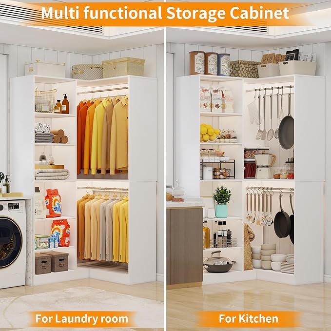 Corner Closet System with 6 Shelves, Custom 39.4"-78.8" Closet Organizer System with 3Hanging Rods, Walk in Corner Closet Organizers and Storage System, Freestanding Closet Storage System Corner,White