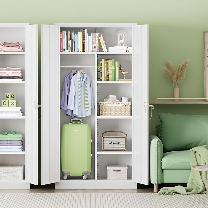 INTERGREAT Metal Wardrobe Closet, 71" White Locking Storage Wardrobe Cabinet with Doors and Shelves, Tall Steel Clothes Storage for Office, Home, School, Gym