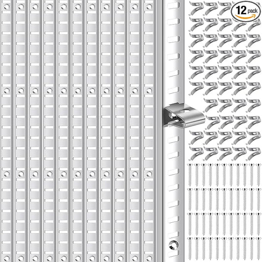 12 Pcs 36 Inch Metal Mortise Mount Pilaster Shelf Brackets and 72 Pcs Shelf Clips for Wall Shelving System Closet Organization Storage