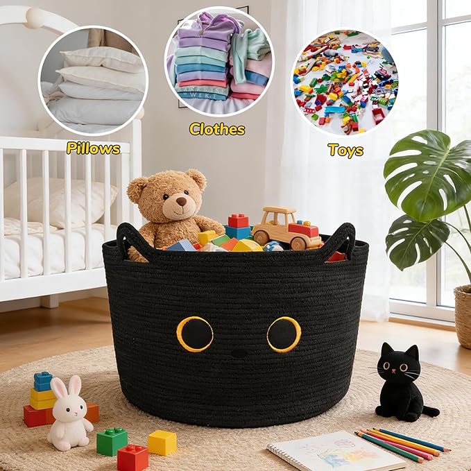 Large Black Cat Basket for Nursery, Cute Cat Woven Laundry Blanket Cotton Rope Extra Storage Basket with Handles, 0rganize Decorative Gifts for Towels Pillow Clothes Hamper Toy Bin,23"D×13"H
