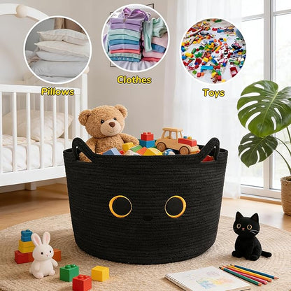 Large Black Cat Basket for Nursery, Cute Cat Woven Laundry Blanket Cotton Rope Extra Storage Basket with Handles, 0rganize Decorative Gifts for Towels Pillow Clothes Hamper Toy Bin,23"D×13"H