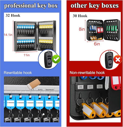 32 Key Lock Box, Key Cabinet Organizer, Key Safe Security Storage Lockbox Holder for Valets, Hotels, Car and House Keys, Key Keeper Box – Black