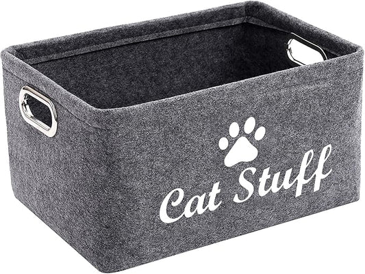 Felt Cat Toy Basket,Foldable Pet Toy Storage Bins with Handles, Pet Stuff Organizer for Indoor Cat,Kitten Toy Storage Bed for Organizing Cat Toys Treats Clothes and Accessories