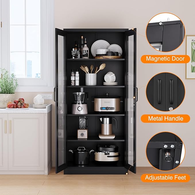 Glass Display Cabinet with 4 Adjustable Shelves, 71" Tall Curio Cabine with Tempered Glass Door, Liquor Cabinet with Lock, 5-Tier Bookcase Storage Cabinet for Home, Study, Living Room (Black)