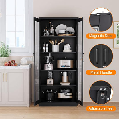 Glass Display Cabinet with 4 Adjustable Shelves, 71" Tall Curio Cabine with Tempered Glass Door, Liquor Cabinet with Lock, 5-Tier Bookcase Storage Cabinet for Home, Study, Living Room (Black)