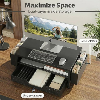 Desk Organizer and Accessories, 2-Tier Computer Monitor Stand Rise with Storage Drawer & 2 Pen Holders, Laptop & Printer Stand for Desktop, Workspace Organizers for Office Supplies (Black Wood)