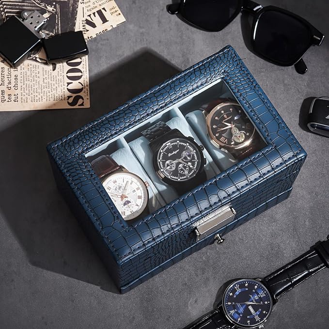 ProCase Watch Box, 3 Slot Watches Display Case with Drawer, Mens Watch Case with Glass Lid, 2-Layer Mens Jewelry Organizer Storage Holder, Birthday Valentine Gifts for Men-3 Slot, CrocCobaltBlue