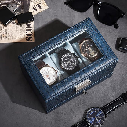 ProCase Watch Box, 3 Slot Watches Display Case with Drawer, Mens Watch Case with Glass Lid, 2-Layer Mens Jewelry Organizer Storage Holder, Birthday Valentine Gifts for Men-3 Slot, CrocCobaltBlue