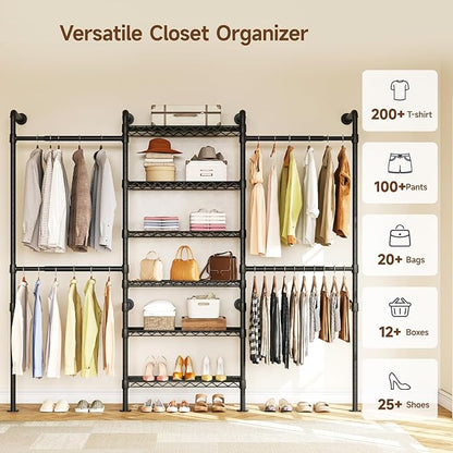 ONBRILL H3 Wall Mounted Closet System, Expandable Industrial Pipe Clothes Rack Clothing Rack for Hanging Clothes, Heavy Duty Closet Organizers and Storage in Wardrobe Closet, Black