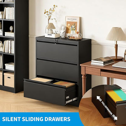 3 Drawer Lateral File Cabinet with Lock, Metal Lateral Filing Cabinet for Home Office, Steel Wide Horizontal Filing Cabinets for Letter/Legal/A4/F4 Hanging Files (Black)