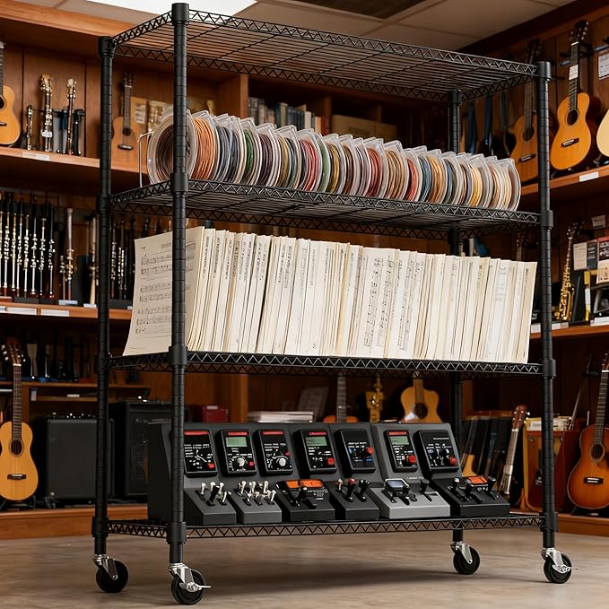1400LBS 47.2" W 4 Tiers Storage Shelves Metal Shelving Unit with Wheels Heavy Duty Garage Shelving Adjustable Wire Shelves for Pantry,Kitchen,Garage,Basement,Black 17.7" D x 47.2" W x 62.7" H