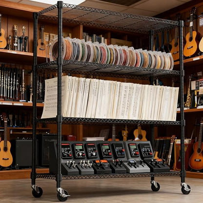 1400LBS 47.2" W 4 Tiers Storage Shelves Metal Shelving Unit with Wheels Heavy Duty Garage Shelving Adjustable Wire Shelves for Pantry,Kitchen,Garage,Basement,Black 17.7" D x 47.2" W x 62.7" H
