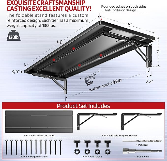 1.3x4FT Adjustable Garage Shelf Wall Mounted Fold Down Shelf Metal Heavy Duty Black 2Pack