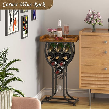 X-cosrack Wine Rack Freestanding Floor, Mini Wine Storage Rack, Desktop Wine Bottle Display Stand with Wine Glass Holder, Mini Bar Table with Tabletop for Home Bar Kitchen Living Room