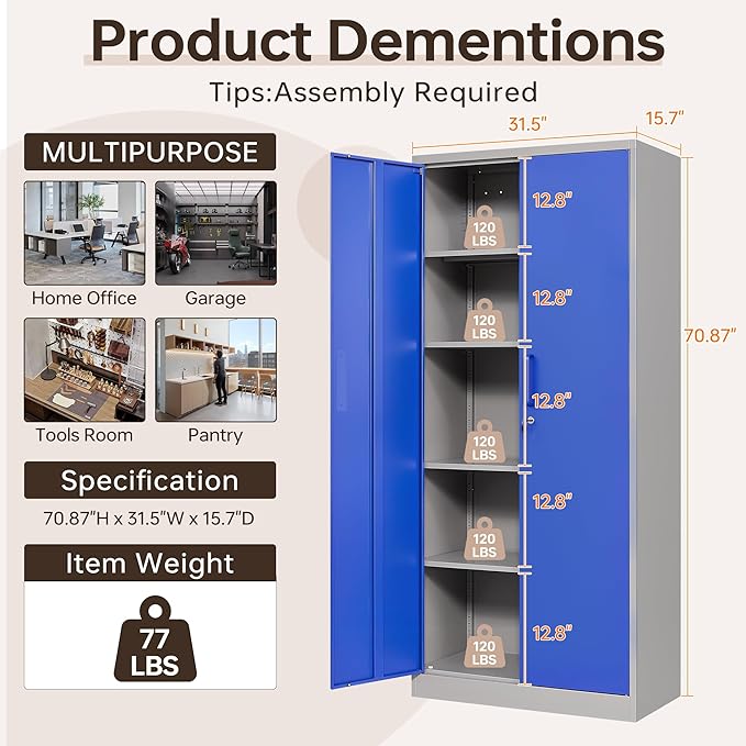 Metal Storage Cabinet with Lock, 71" Black Garage Cabinets with 2 Doors and 4 Adjustable Shelves, Steel Locking Caninet Tall Tool Storage Cabnet, Lockable File Caninets for Home Office, Pantry