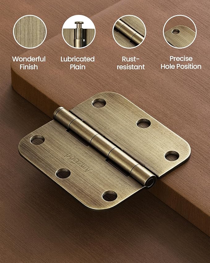 Atique Brass Door Hinges - 18 Pack Atique Door Hinges 3.5 Inch Rounded Interior Door Hinge with 5/8" Radius - Heavy Duty 3 1/2" Brass Hinges for Residential Door Hardware