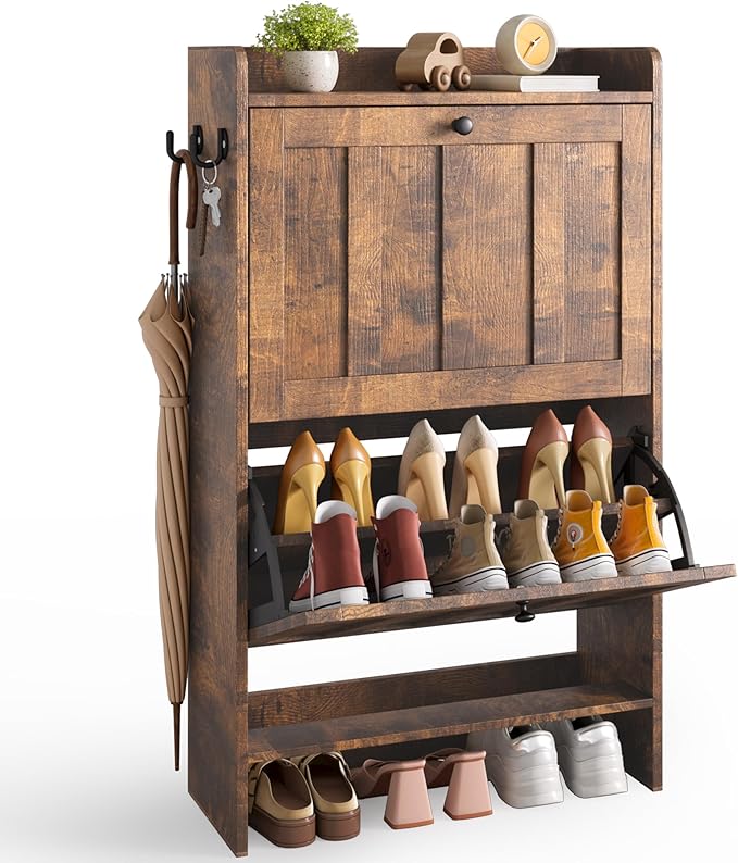 Gizoon Shoe Cabinet with 2 Flip Drawers, Shoe Organizer Storage for Entryway, Freestanding Narrow Rack Cabinet with Space-Saving, for Hallway, Retro