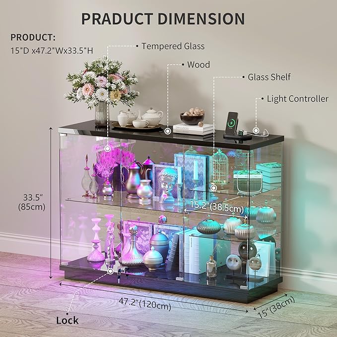HNEBC 47.2" W Display Cabinet - with Lockable Glass Door,5-Tier Glass Display Case with 12 Lights Modes for Collectibles,Lighted Cuiro Cabinet with Human Sensor,China Cabinet,Living Room,Black