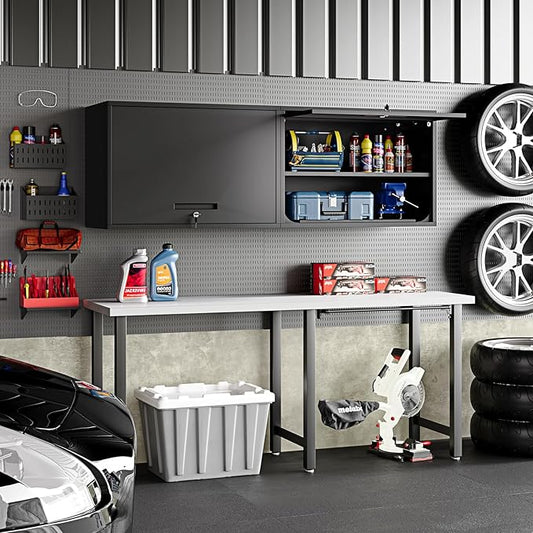 Metal Wall Storage Cabinet Adjustable Shelf 22'' Tall Steel Garage Wall Mounted Cabinet Lockable Floating Garage Storage Shop Trailer Tool Assembly Required