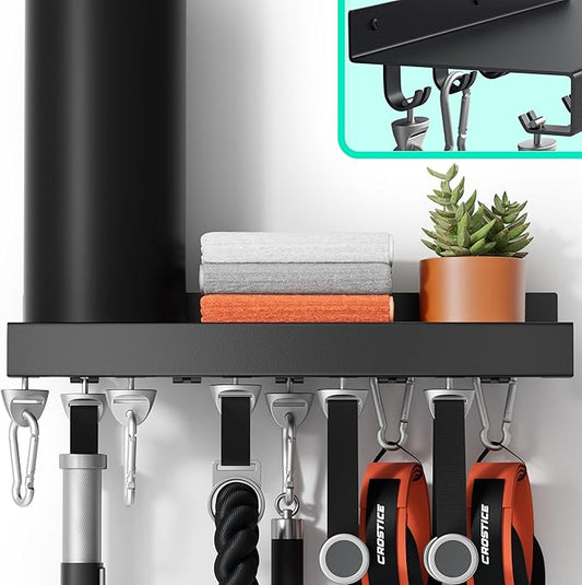 Metal Shelf Compatible with Tonal Accessories, Floating Shelf Organizer for Home Gym Storage, T-Lock Adapters Bracket Hanger, Gym Rack Wall Mounted with Hooks, Black Workout Holder